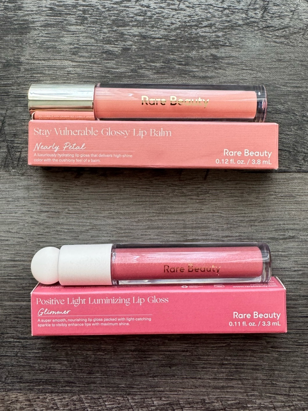 Rare Beauty Lip Bundle -Nearly Petal Glossy Lip Balm & Glimmer Lip Gloss (BNIB)